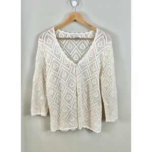 Christopher & Banks Women's L? Hand Crochet Cardigan Sweater Ivory Cottage Core